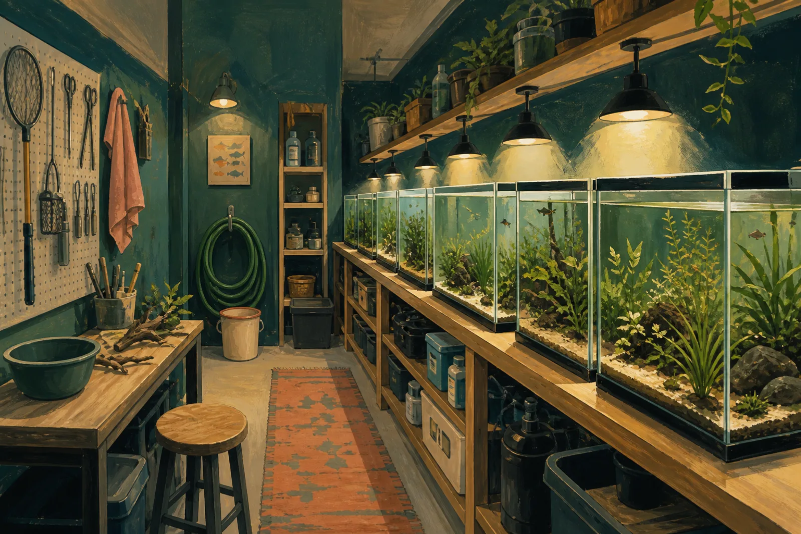 A row of planted freshwater aquariums lit from above along a shelf