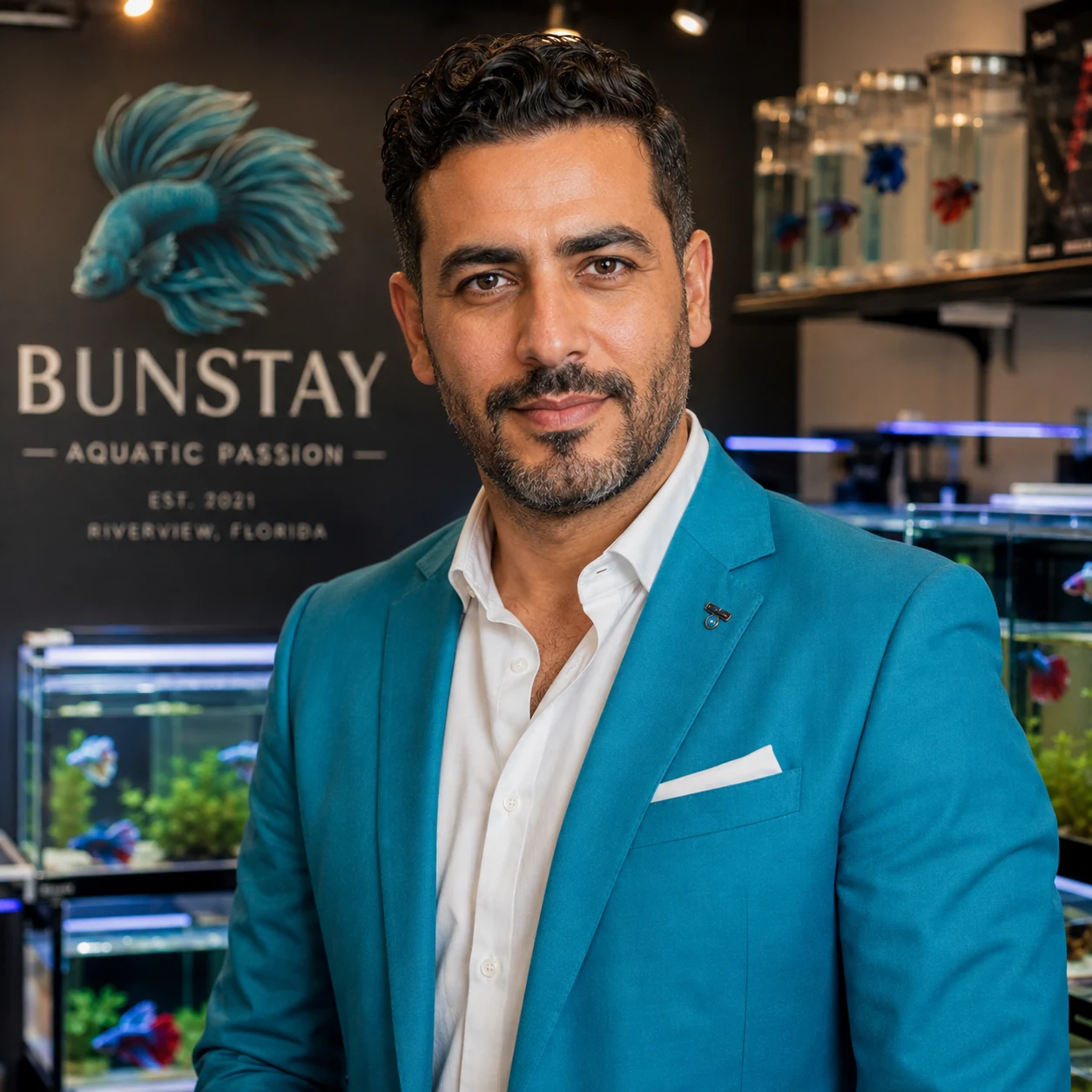 Bun Berka in a teal blazer, standing in front of planted betta aquariums