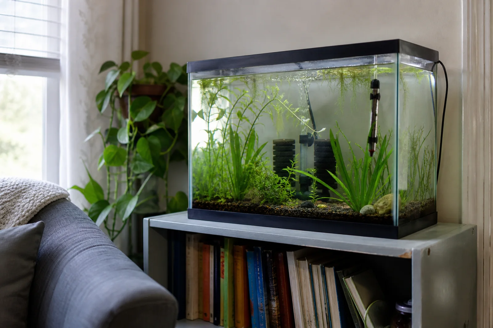 A modest planted aquarium with a heater and sponge filter running on a shelf in a living room