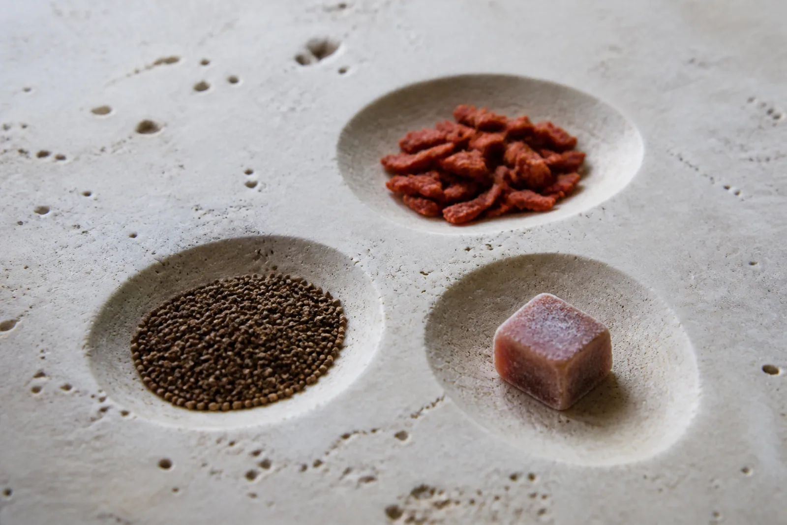 Betta pellets, freeze-dried bloodworms and frozen food cubes arranged separately on a pale surface