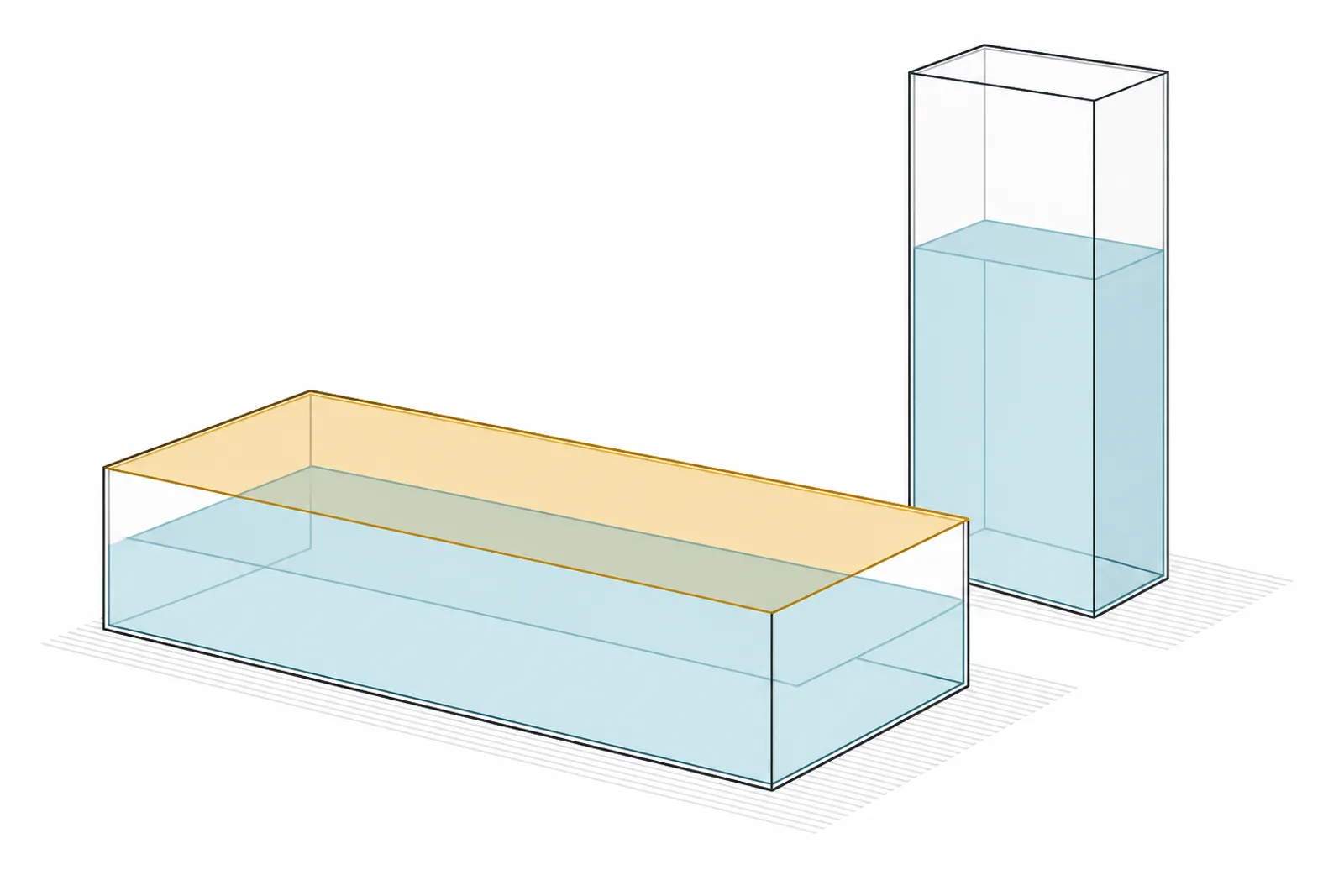 A long shallow aquarium beside a tall narrow one of the same volume