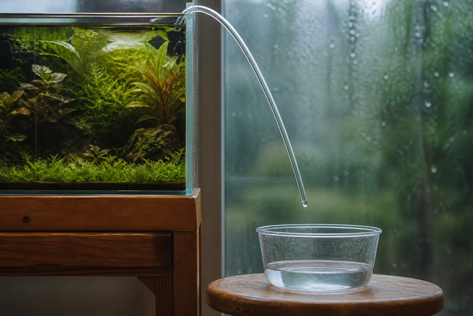 A length of airline tubing running from an aquarium into a small container of water on a lower surface