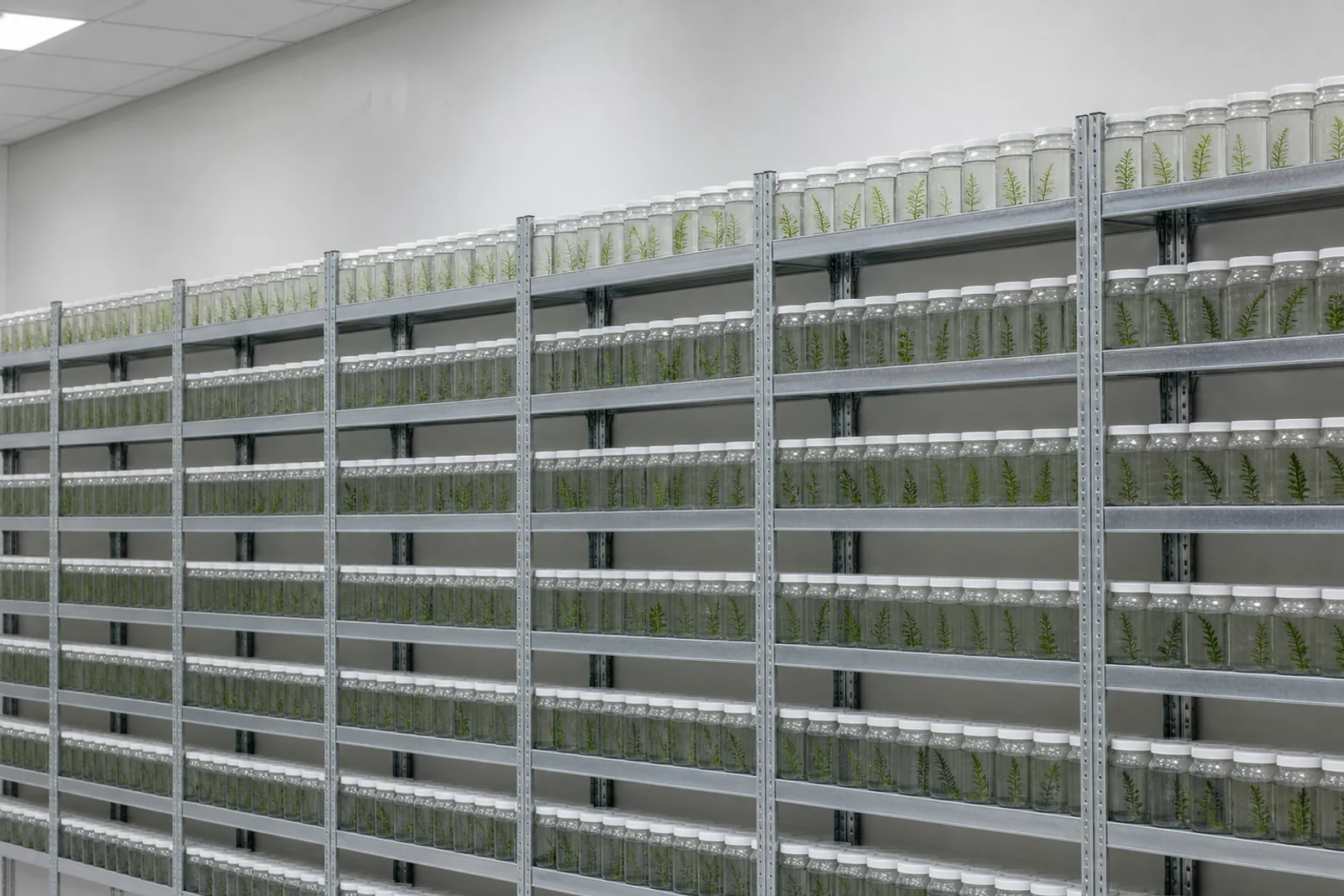A long row of identical small glass jars on a shelf, each holding water and a single plant sprig