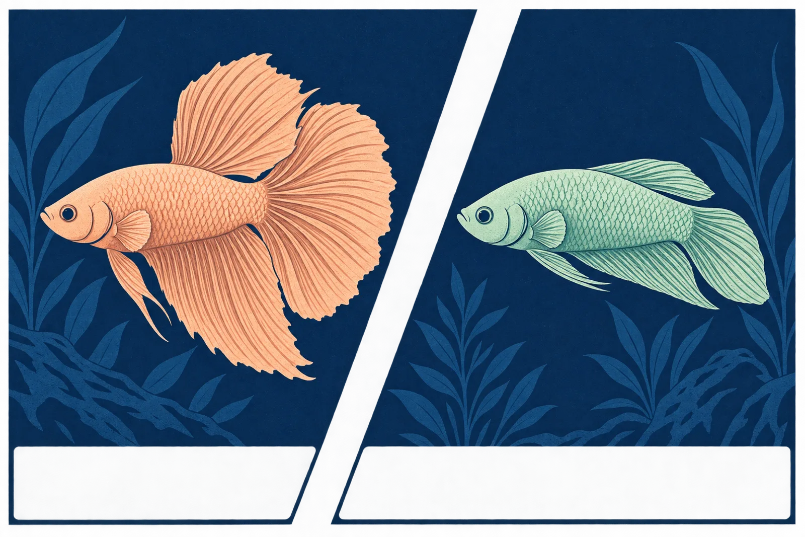 A schematic comparing a betta with fins spread naturally against one holding its fins close to the body