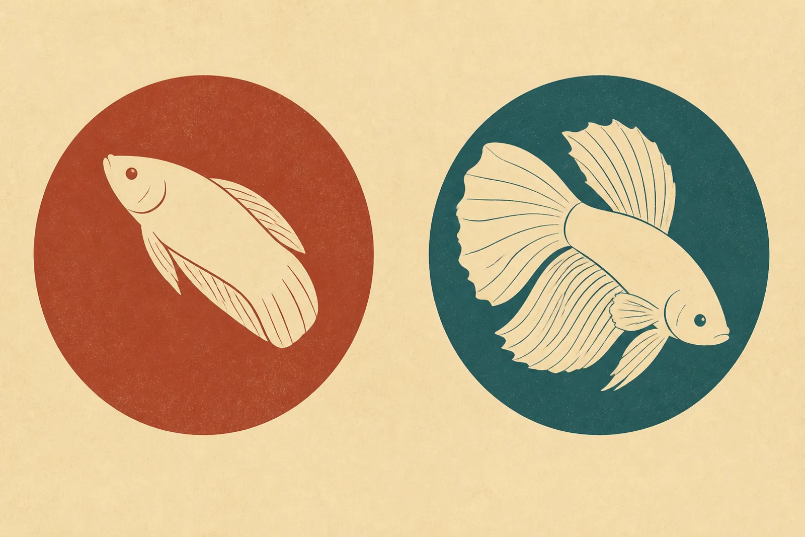 A two panel diagram comparing a betta silhouette with folded fins against one with fins spread