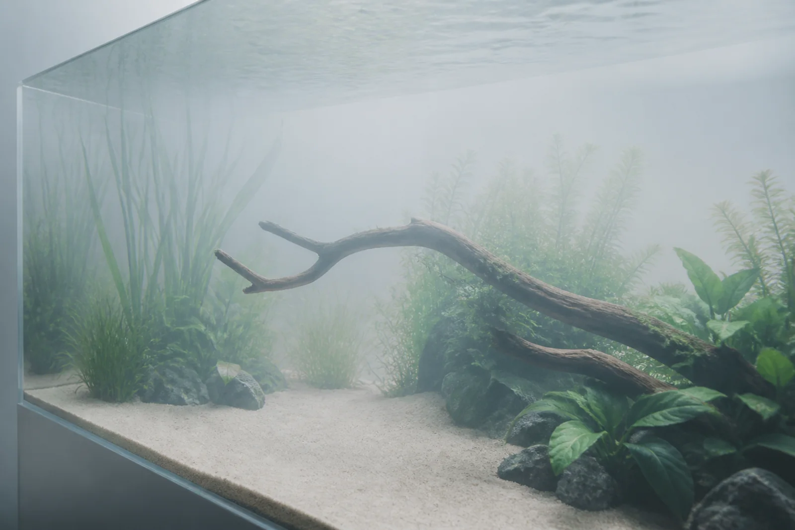 An aquarium with faintly hazy white water and planting visible but softened behind it