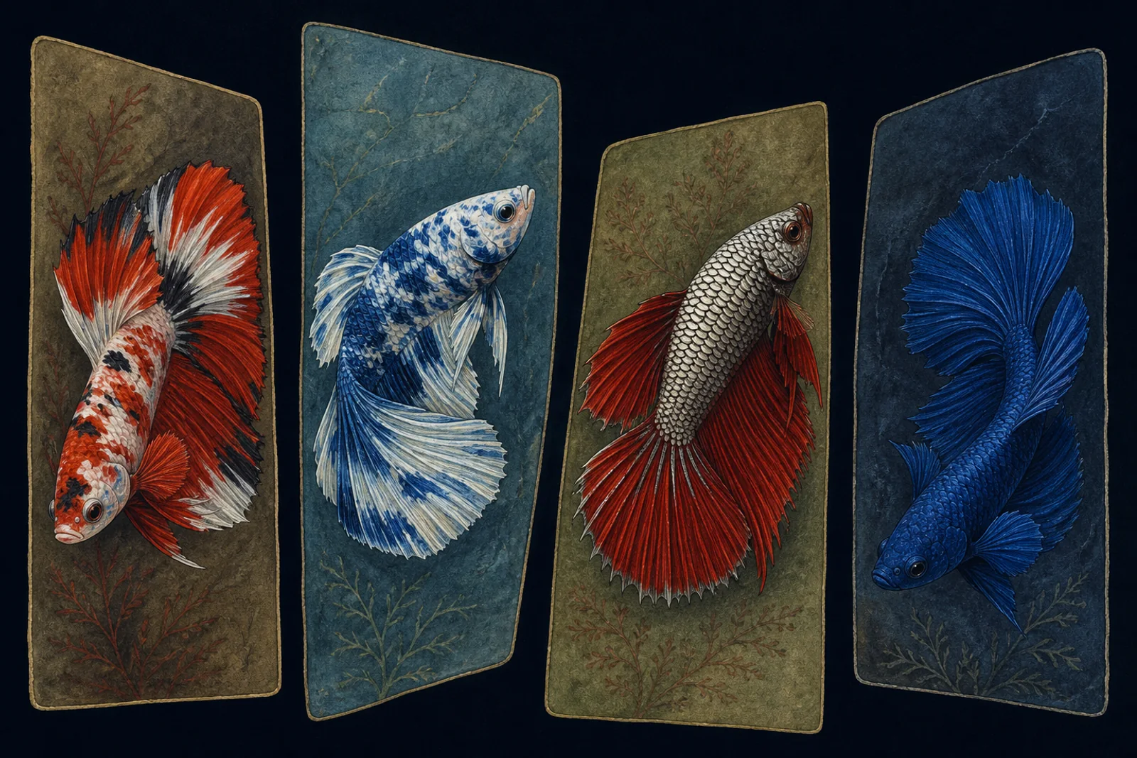 Four bettas of different colour patterns shown in separate panels against matched backgrounds