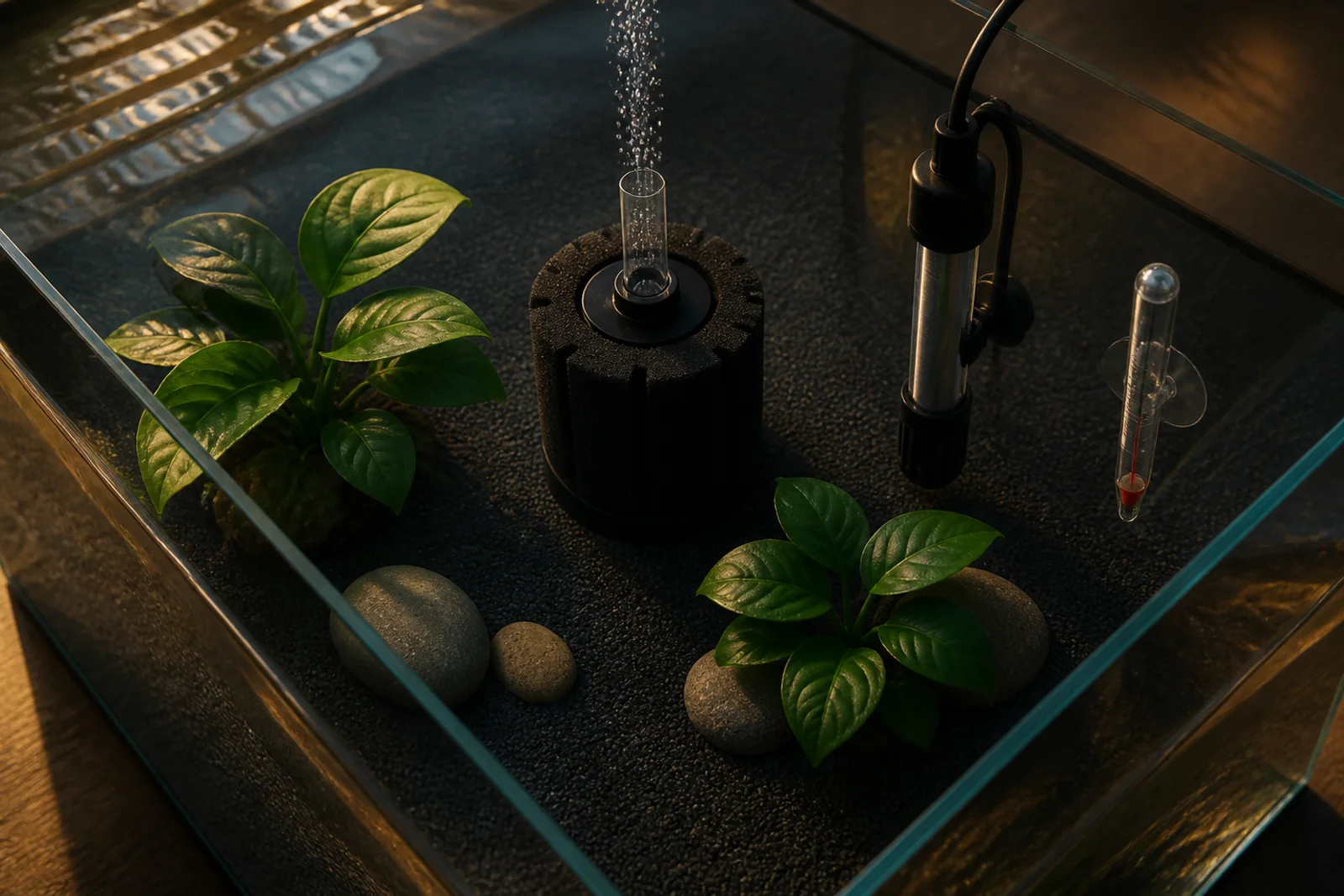 A settled planted aquarium with a heater, sponge filter and thermometer visible and clear still water