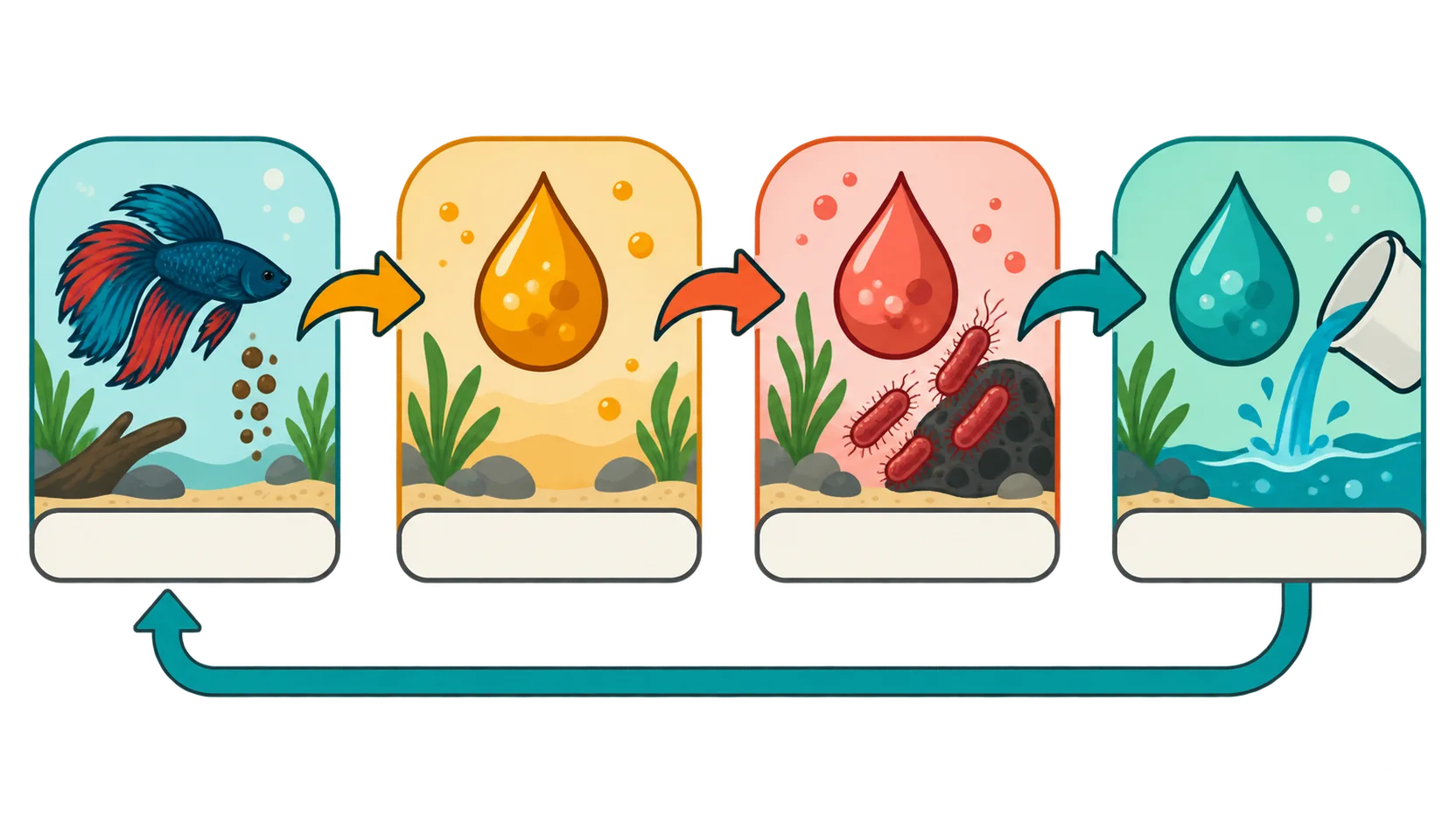 A circular diagram showing fish waste becoming ammonia, then nitrite, then nitrate, with water changes removing the nitrate
