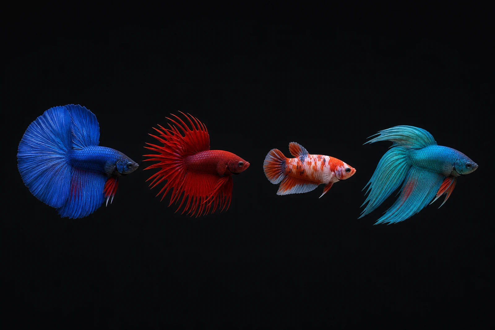 Four betta fish of different tail shapes and colours shown in profile against a dark background
