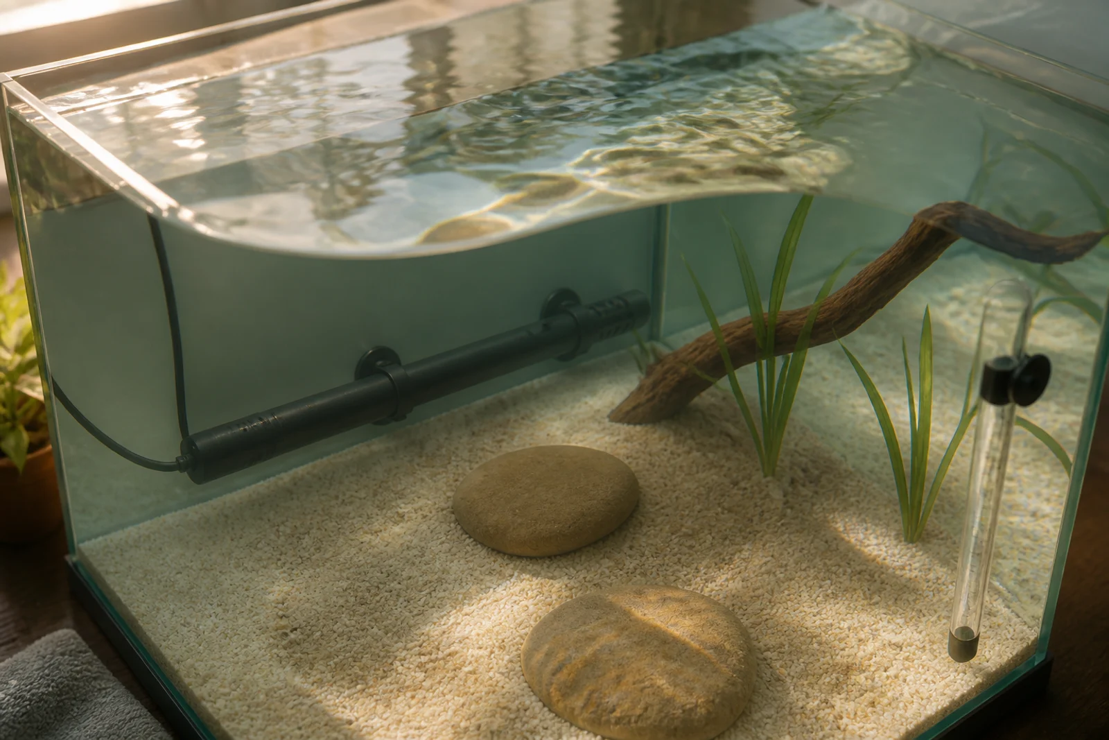 A horizontal aquarium heater near the rear glass and a separate glass thermometer near the front corner