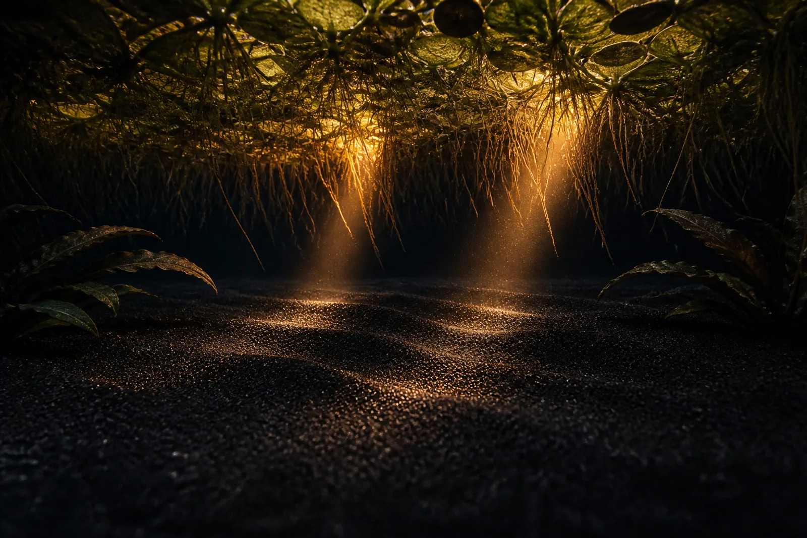A dimly lit aquarium with fine dark sand, floating plants shading the surface and soft light below