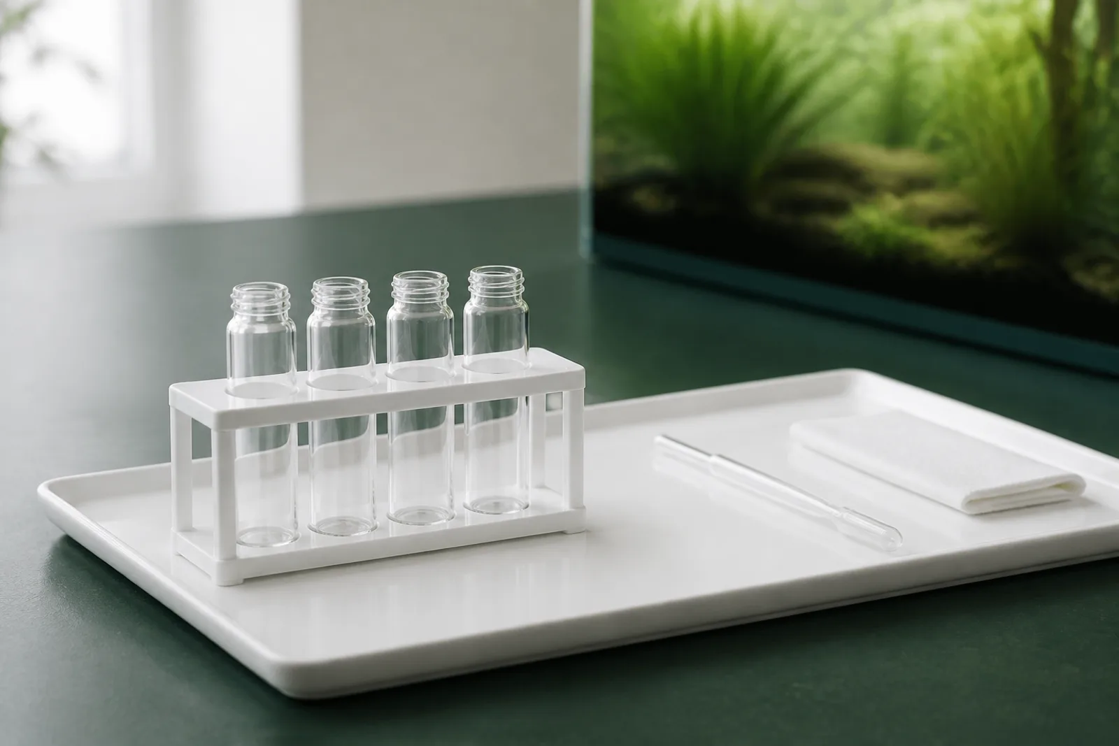 Aquarium test vials in a rack beside a planted tank, ready to check water parameters