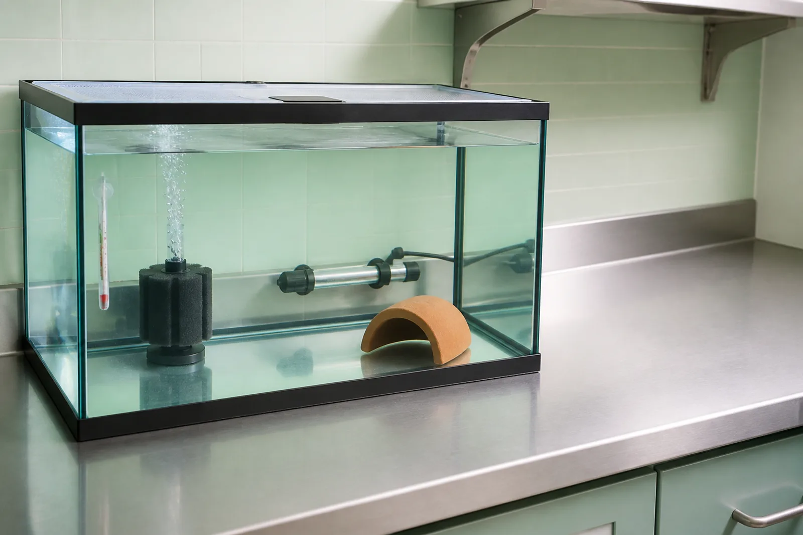 A bare aquarium with a sponge filter, heater, thermometer and a single ceramic cave inside