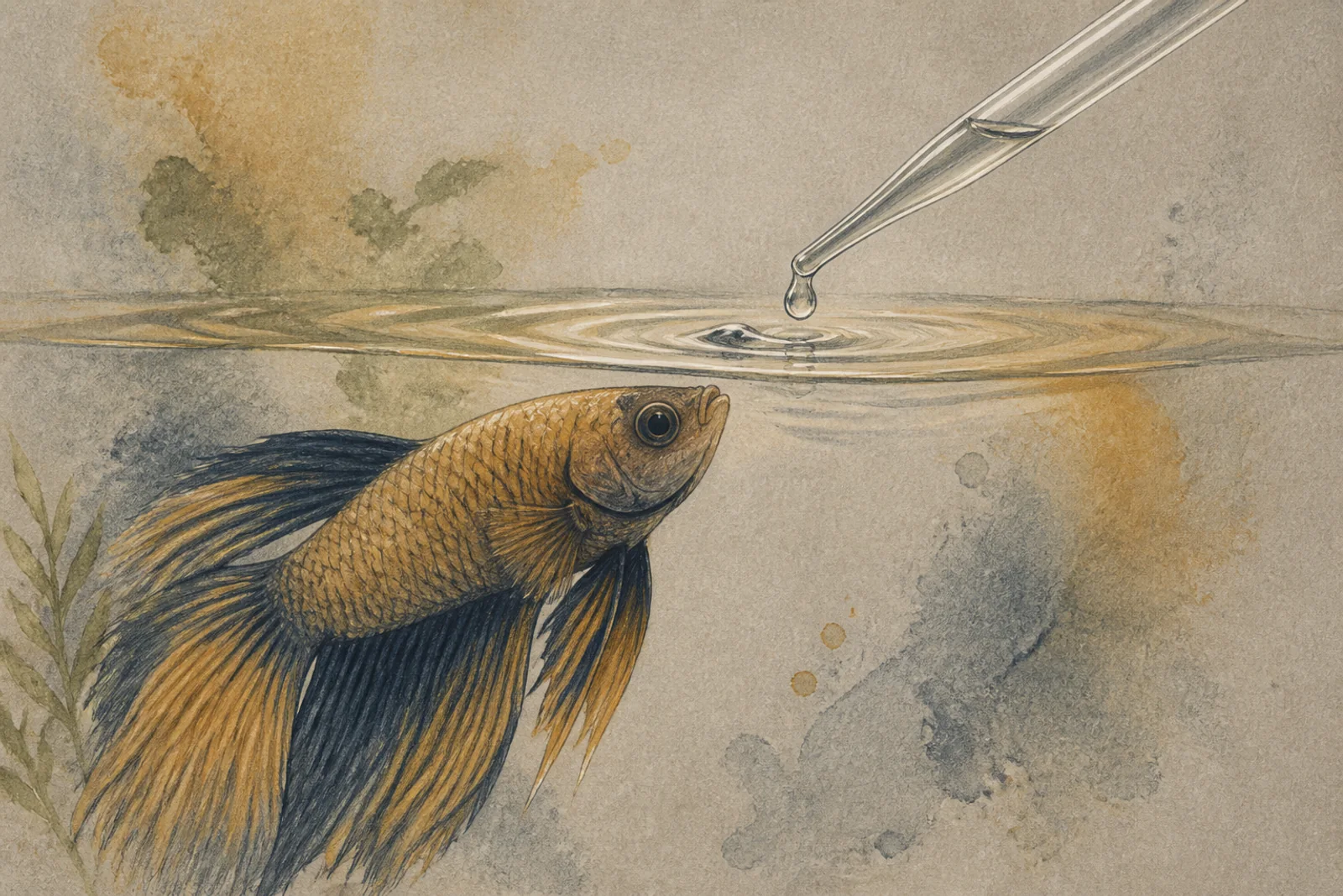 A stylized betta inspecting a clear pipette tip at the water surface