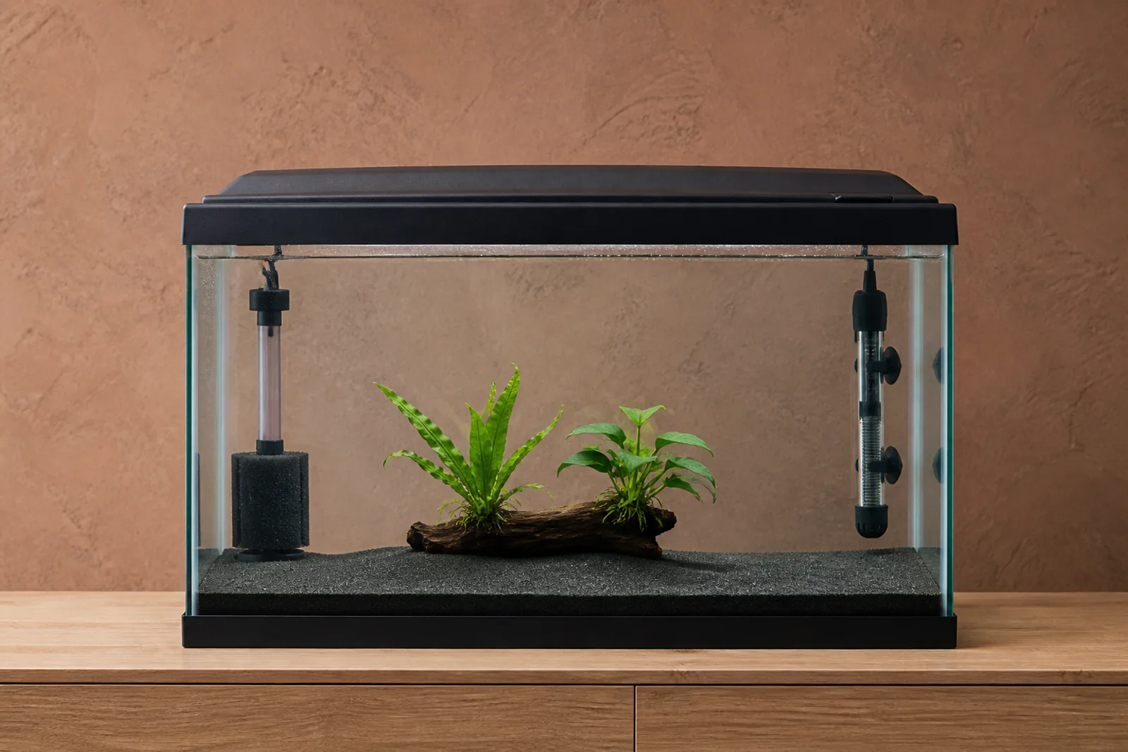 A modest ten gallon aquarium with sand, two plants, a sponge filter and a heater, set up simply