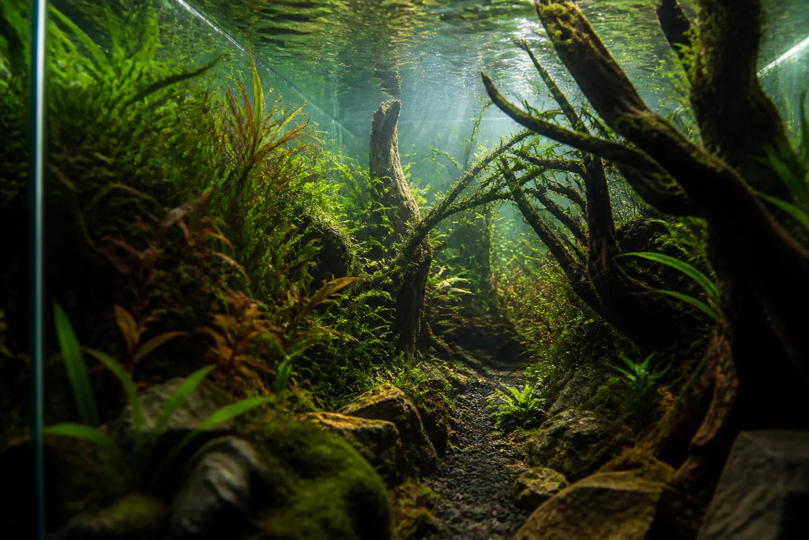 A densely planted long aquarium with broken sight lines and multiple hiding places among tall stems and wood