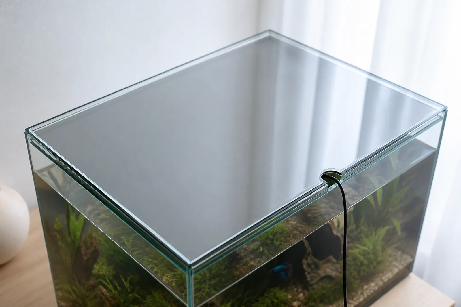 A fitted glass aquarium lid resting on a planted tank with a small cutout for cables