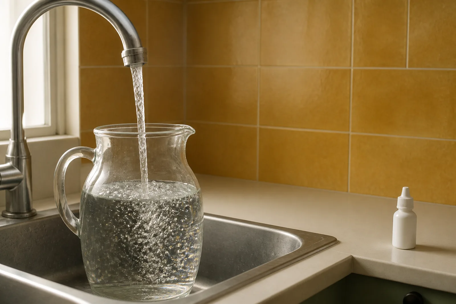 A clear jug of water being filled at a kitchen tap beside a small unlabelled bottle of conditioner