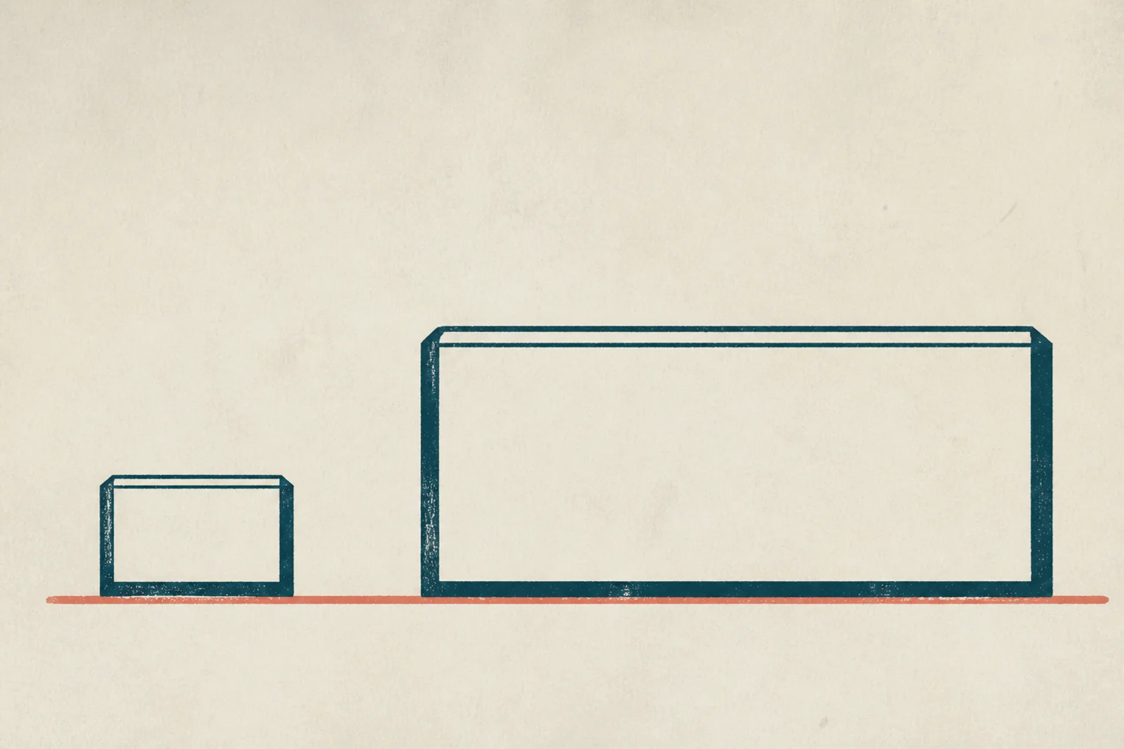 A flat diagram comparing a small rectangular tank outline with a much larger one on the same baseline