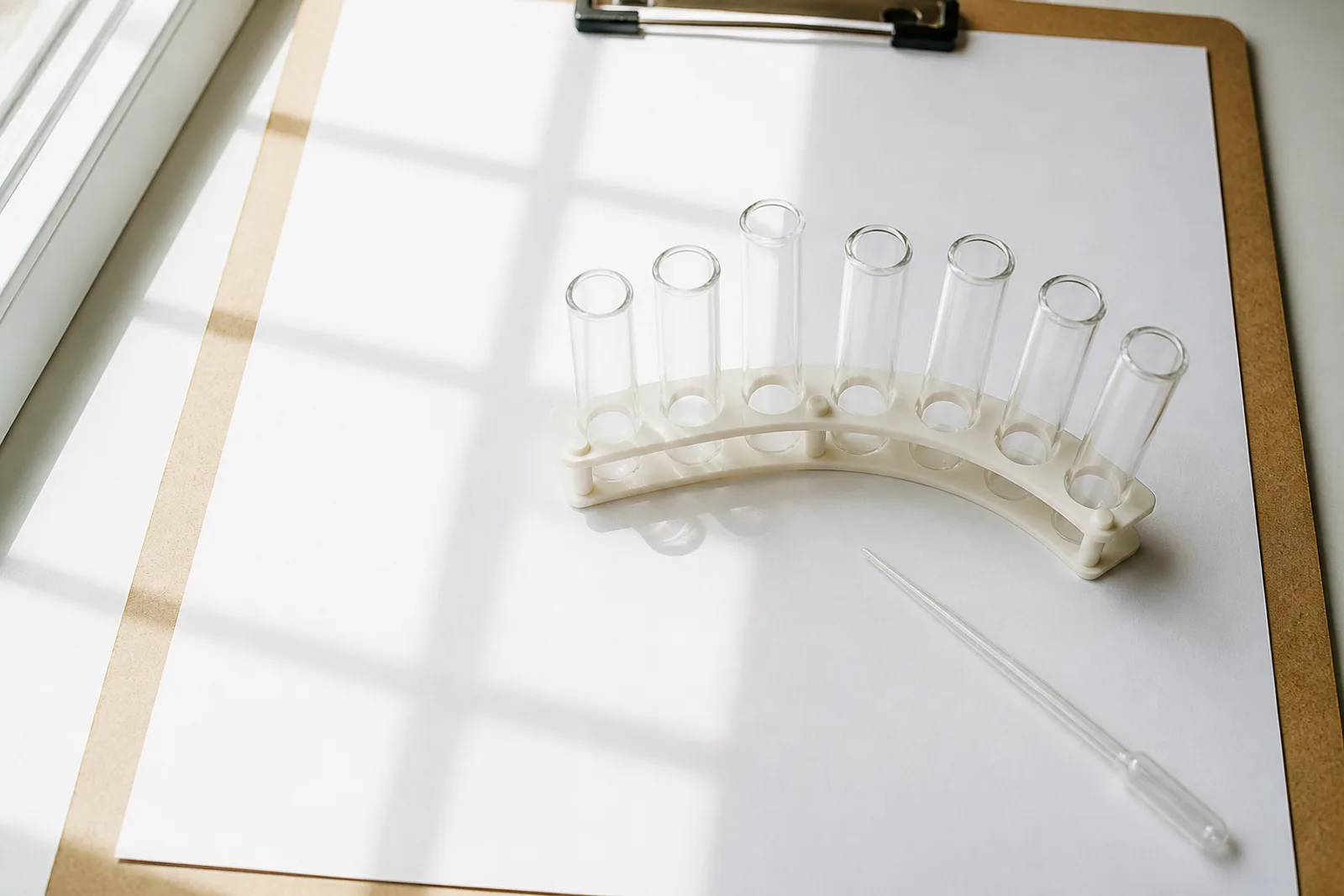Several empty glass test vials in a rack beside a pipette on a white surface in daylight