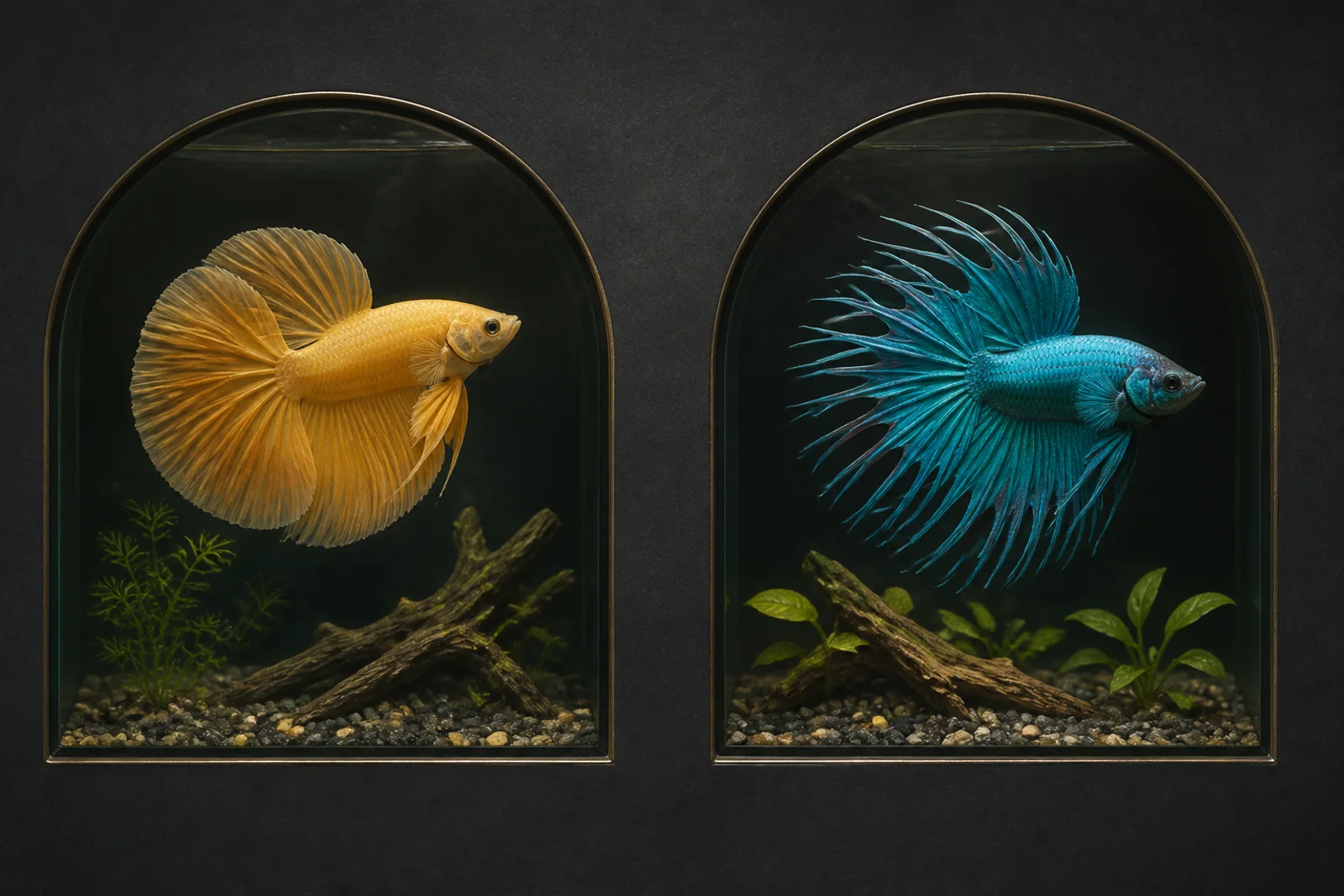 Two bettas shown in separate panels, one with a wide smooth fanned tail and one with spiked rays extending past the webbing