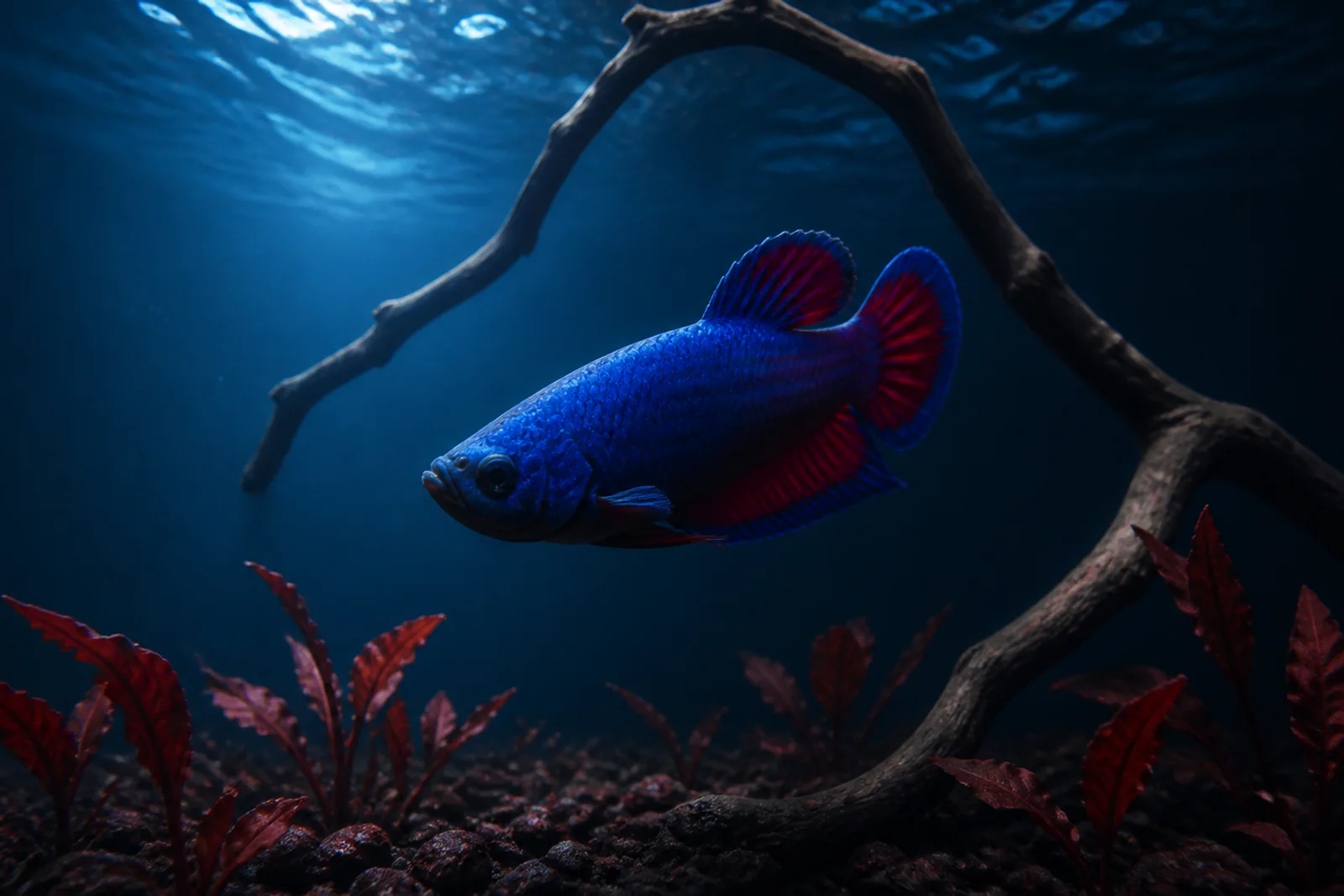 A short-finned betta swimming actively through open water in a planted aquarium