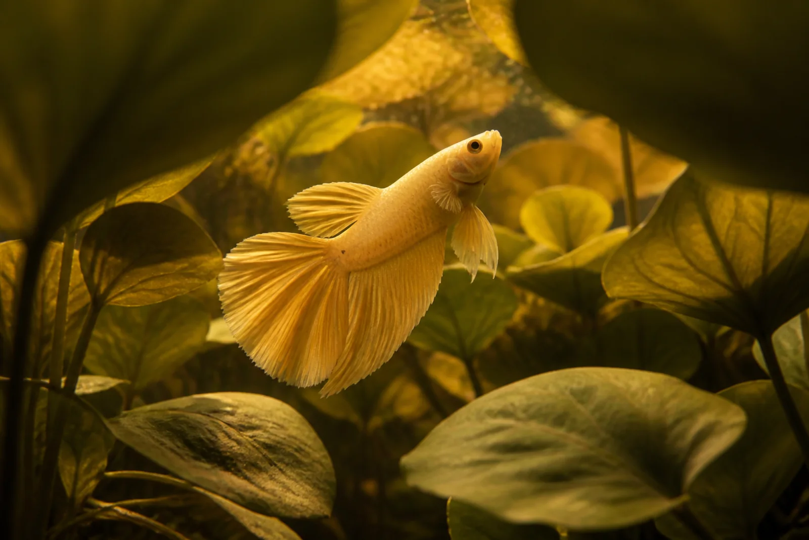 A betta with fins carried open swimming across the middle of a well planted aquarium