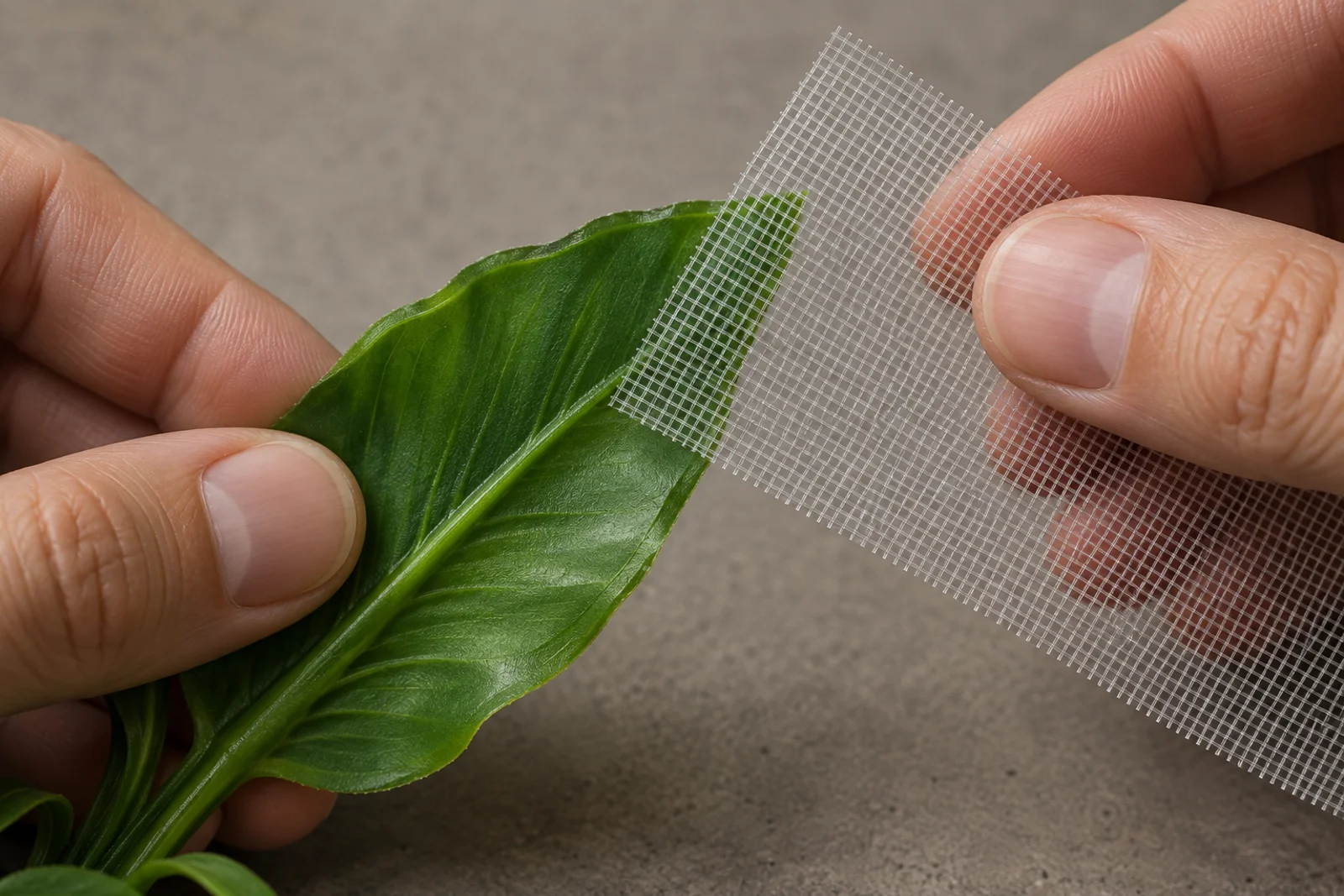 A hand running a stretched piece of sheer nylon fabric along the edge of a plastic aquarium plant leaf