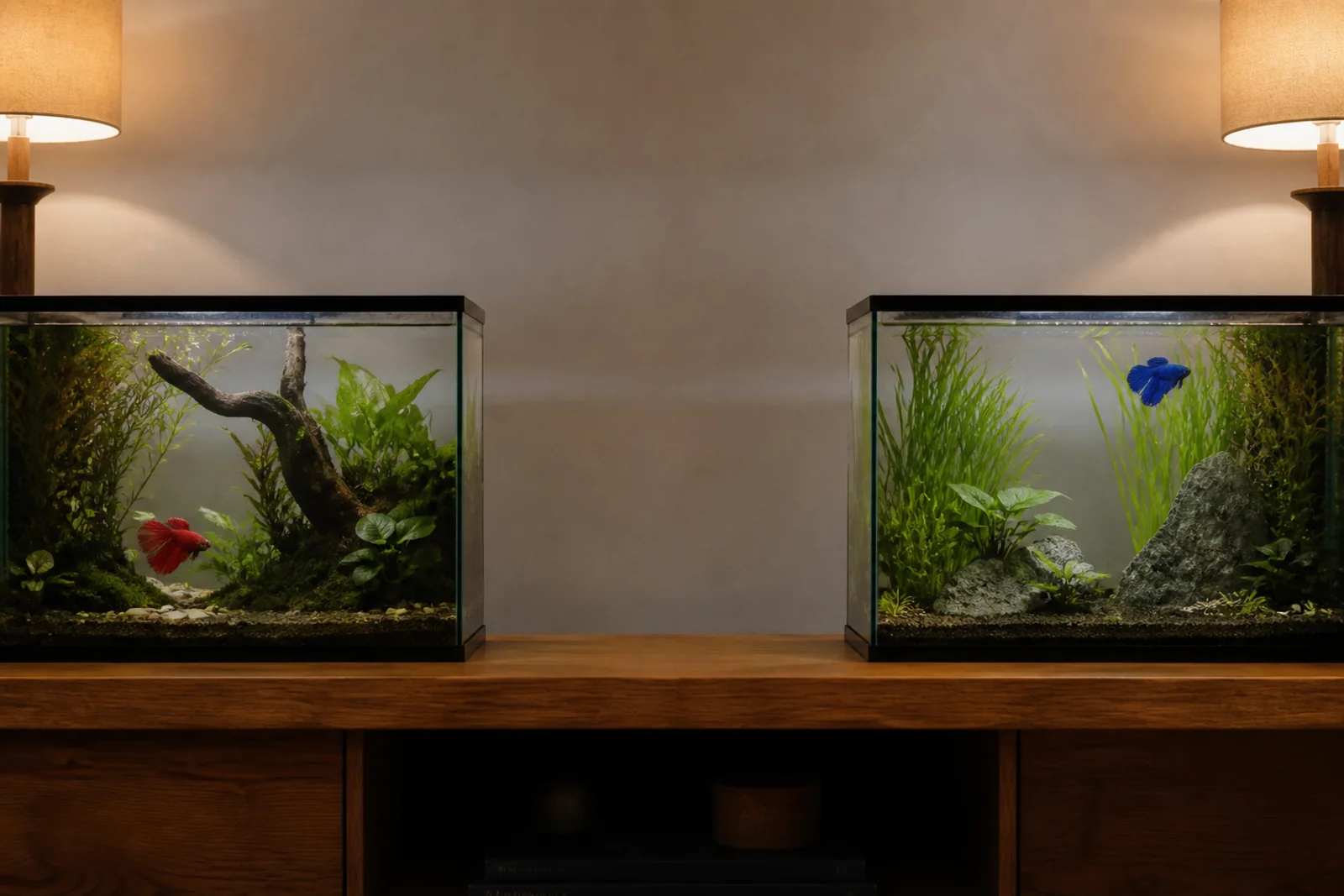Two separate planted aquariums standing side by side on the same shelf, each holding one betta
